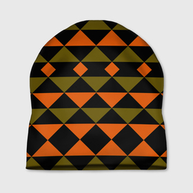 Шапка 3D с принтом Геометрический узор черно оранжевые фигуры в Санкт-Петербурге, 100% полиэстер | универсальный размер, печать по всей поверхности изделия | геометрические фигуры | геометрический узор | оливковый | оранжевый | рыжий | треугольники