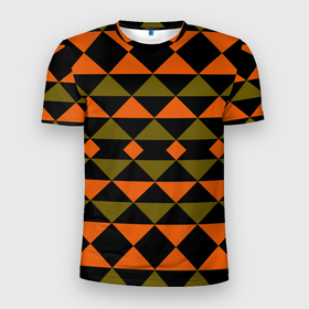 Мужская футболка 3D Slim с принтом Геометрический узор черно оранжевые фигуры в Екатеринбурге, 100% полиэстер с улучшенными характеристиками | приталенный силуэт, круглая горловина, широкие плечи, сужается к линии бедра | геометрические фигуры | геометрический узор | оливковый | оранжевый | рыжий | треугольники