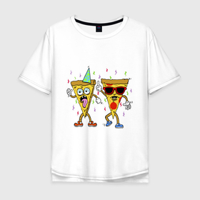 Мужская футболка хлопок Oversize с принтом Pizzas are dancing в Кировске, 100% хлопок | свободный крой, круглый ворот, “спинка” длиннее передней части | childrens picture | dancing | music | party | pizza | вечеринка | детская картинка | музыка | пицца | танцы