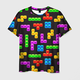 Мужская футболка 3D с принтом Тетрис на чёрном фоне в Курске, 100% полиэфир | прямой крой, круглый вырез горловины, длина до линии бедер | Тематика изображения на принте: tetris | игра | игры | мозаика | паттерн | текстура | тетрис