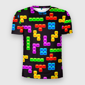 Мужская футболка 3D Slim с принтом Тетрис на чёрном фоне , 100% полиэстер с улучшенными характеристиками | приталенный силуэт, круглая горловина, широкие плечи, сужается к линии бедра | tetris | игра | игры | мозаика | паттерн | текстура | тетрис