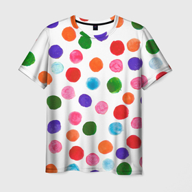 Мужская футболка 3D с принтом Веселые акварельные кружочки в Тюмени, 100% полиэфир | прямой крой, круглый вырез горловины, длина до линии бедер | акварель | горох | горошек | кистью | краска | круги | круглые | кружки | кружочки | орнамент | паттерн | праздничное | принт | пятна | разноцветный | точки | узор