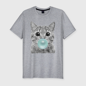Мужская футболка хлопок Slim с принтом Котик надувающий пузырь из жевачки в Белгороде, 92% хлопок, 8% лайкра | приталенный силуэт, круглый вырез ворота, длина до линии бедра, короткий рукав | baloon | cat | ears | eyes | kitten | muzzle | глаза | кот | котёнок | кошка | пузырь | усы | уши