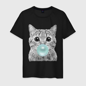 Мужская футболка хлопок с принтом Котик надувающий пузырь из жевачки в Екатеринбурге, 100% хлопок | прямой крой, круглый вырез горловины, длина до линии бедер, слегка спущенное плечо. | baloon | cat | ears | eyes | kitten | muzzle | глаза | кот | котёнок | кошка | пузырь | усы | уши
