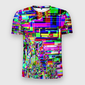 Мужская футболка 3D Slim с принтом Яркий авангардный глитч в Курске, 100% полиэстер с улучшенными характеристиками | приталенный силуэт, круглая горловина, широкие плечи, сужается к линии бедра | Тематика изображения на принте: abstraction | color | glitch | pixels | vanguard | абстракция | авангард | глитч | пиксели | цвет