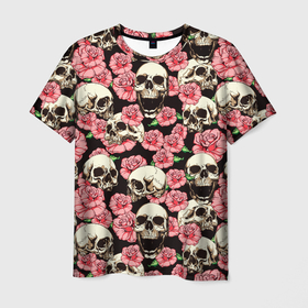 Мужская футболка 3D с принтом Розы с черепами в Тюмени, 100% полиэфир | прямой крой, круглый вырез горловины, длина до линии бедер | паттерн | роза | розы | скелет | текстура | текстуры | хипстер | череп | черепа и розы | черепки