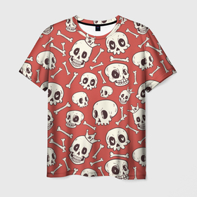 Мужская футболка 3D с принтом Черепа на красном фоне в Екатеринбурге, 100% полиэфир | прямой крой, круглый вырез горловины, длина до линии бедер | Тематика изображения на принте: паттерн | скелет | текстура | череп | черепа | черепки