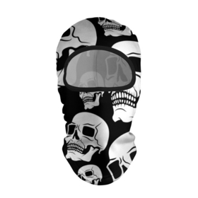 Балаклава 3D с принтом Черепа   чёрный фон в Екатеринбурге, 100% полиэстер, ткань с особыми свойствами — Activecool | плотность 150–180 г/м2; хорошо тянется, но при этом сохраняет форму. Закрывает шею, вокруг отверстия для глаз кайма. Единый размер | на чёрном фоне | паттерн | скелет | текстура | череп | черепа | черепки | чёрный фон