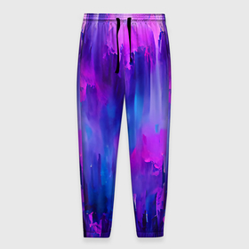 Мужские брюки 3D с принтом Purple splashes в Тюмени, 100% полиэстер | манжеты по низу, эластичный пояс регулируется шнурком, по бокам два кармана без застежек, внутренняя часть кармана из мелкой сетки | abstraction | blue | bright | brush | multicoloured | paint | pink | purple | splashes | абстракция | арт | брызги | кисть | краска | рисунок | розовый | синий | темный | фиолетовый | яркий