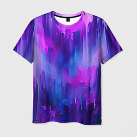Мужская футболка 3D с принтом Purple splashes в Кировске, 100% полиэфир | прямой крой, круглый вырез горловины, длина до линии бедер | abstraction | blue | bright | brush | multicoloured | paint | pink | purple | splashes | абстракция | арт | брызги | кисть | краска | рисунок | розовый | синий | темный | фиолетовый | яркий