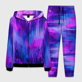 Мужской костюм 3D с принтом Purple splashes в Екатеринбурге, 100% полиэстер | Манжеты и пояс оформлены тканевой резинкой, двухслойный капюшон со шнурком для регулировки, карманы спереди | abstraction | blue | bright | brush | multicoloured | paint | pink | purple | splashes | абстракция | арт | брызги | кисть | краска | рисунок | розовый | синий | темный | фиолетовый | яркий