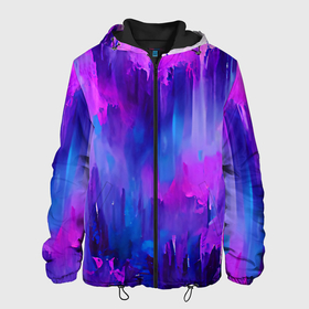 Мужская куртка 3D с принтом Purple splashes в Екатеринбурге, ткань верха — 100% полиэстер, подклад — флис | прямой крой, подол и капюшон оформлены резинкой с фиксаторами, два кармана без застежек по бокам, один большой потайной карман на груди. Карман на груди застегивается на липучку | abstraction | blue | bright | brush | multicoloured | paint | pink | purple | splashes | абстракция | арт | брызги | кисть | краска | рисунок | розовый | синий | темный | фиолетовый | яркий