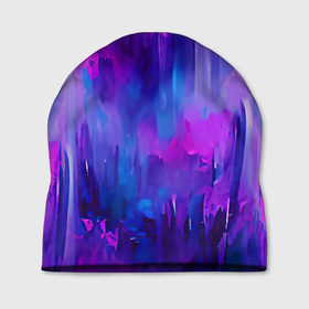 Шапка 3D с принтом Purple splashes в Кировске, 100% полиэстер | универсальный размер, печать по всей поверхности изделия | abstraction | blue | bright | brush | multicoloured | paint | pink | purple | splashes | абстракция | арт | брызги | кисть | краска | рисунок | розовый | синий | темный | фиолетовый | яркий