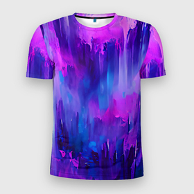 Мужская футболка 3D Slim с принтом Purple splashes в Тюмени, 100% полиэстер с улучшенными характеристиками | приталенный силуэт, круглая горловина, широкие плечи, сужается к линии бедра | abstraction | blue | bright | brush | multicoloured | paint | pink | purple | splashes | абстракция | арт | брызги | кисть | краска | рисунок | розовый | синий | темный | фиолетовый | яркий