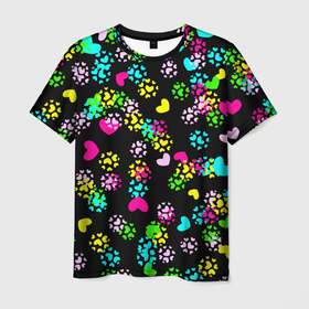 Мужская футболка 3D с принтом Весна в сердцах на черном фоне , 100% полиэфир | прямой крой, круглый вырез горловины, длина до линии бедер | весна | желтый | зеленый | любовь | разноцветное | розовый | сердечки | сердца | сердце | черный