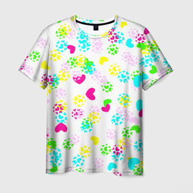 Мужская футболка 3D с принтом Весна в сердцах на белом фоне в Санкт-Петербурге, 100% полиэфир | прямой крой, круглый вырез горловины, длина до линии бедер | белый | весна | желтый | зеленый | любовь | разноцветное | розовый | сердечки | сердца | сердце
