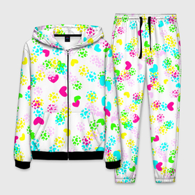 Мужской костюм 3D с принтом Весна в сердцах на белом фоне в Санкт-Петербурге, 100% полиэстер | Манжеты и пояс оформлены тканевой резинкой, двухслойный капюшон со шнурком для регулировки, карманы спереди | белый | весна | желтый | зеленый | любовь | разноцветное | розовый | сердечки | сердца | сердце