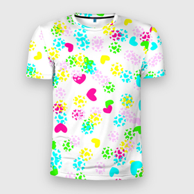 Мужская футболка 3D Slim с принтом Весна в сердцах на белом фоне в Петрозаводске, 100% полиэстер с улучшенными характеристиками | приталенный силуэт, круглая горловина, широкие плечи, сужается к линии бедра | белый | весна | желтый | зеленый | любовь | разноцветное | розовый | сердечки | сердца | сердце