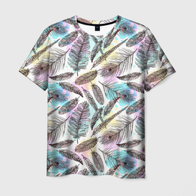 Мужская футболка 3D с принтом Текстура перьев , 100% полиэфир | прямой крой, круглый вырез горловины, длина до линии бедер | оперение | паттерн | перья | птицы | текстура