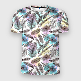 Мужская футболка 3D Slim с принтом Текстура перьев в Белгороде, 100% полиэстер с улучшенными характеристиками | приталенный силуэт, круглая горловина, широкие плечи, сужается к линии бедра | оперение | паттерн | перья | птицы | текстура
