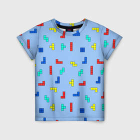 Детская футболка 3D с принтом Тетрис на голубом фоне в Екатеринбурге, 100% гипоаллергенный полиэфир | прямой крой, круглый вырез горловины, длина до линии бедер, чуть спущенное плечо, ткань немного тянется | tetris | игра | мозаика | паттерн | текстура | тетрис
