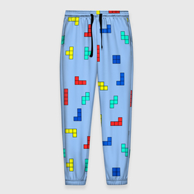 Мужские брюки 3D с принтом Тетрис на голубом фоне , 100% полиэстер | манжеты по низу, эластичный пояс регулируется шнурком, по бокам два кармана без застежек, внутренняя часть кармана из мелкой сетки | tetris | игра | мозаика | паттерн | текстура | тетрис