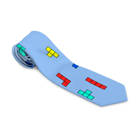 Галстук 3D с принтом Тетрис на голубом фоне в Петрозаводске, 100% полиэстер | Длина 148 см; Плотность 150-180 г/м2 | tetris | игра | мозаика | паттерн | текстура | тетрис