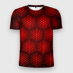 Мужская футболка 3D Slim с принтом Красные неоновые соты в Екатеринбурге, 100% полиэстер с улучшенными характеристиками | приталенный силуэт, круглая горловина, широкие плечи, сужается к линии бедра | 3d | 3д | гексагон | неон | неоновые | сота | соты | шестигранники | ячейки