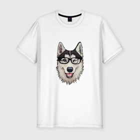 Мужская футболка хлопок Slim с принтом Dog with glasses в Тюмени, 92% хлопок, 8% лайкра | приталенный силуэт, круглый вырез ворота, длина до линии бедра, короткий рукав | dog face | dog lover | funny | pet | домашнее животное | забавный | любитель собак | очки