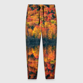 Мужские брюки 3D с принтом Осенний лес   отражение в озере в Курске, 100% полиэстер | манжеты по низу, эластичный пояс регулируется шнурком, по бокам два кармана без застежек, внутренняя часть кармана из мелкой сетки | autumn | colors | fall | forest | nature | деревья | зелень | краски | лес | листья | озеро | осень | отражение | природа