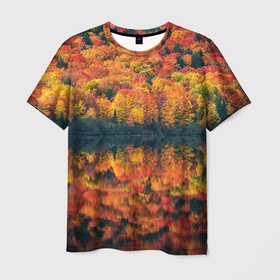 Мужская футболка 3D с принтом Осенний лес   отражение в озере в Кировске, 100% полиэфир | прямой крой, круглый вырез горловины, длина до линии бедер | Тематика изображения на принте: autumn | colors | fall | forest | nature | деревья | зелень | краски | лес | листья | озеро | осень | отражение | природа