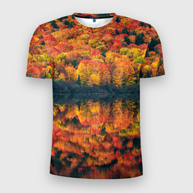 Мужская футболка 3D Slim с принтом Осенний лес   отражение в озере в Петрозаводске, 100% полиэстер с улучшенными характеристиками | приталенный силуэт, круглая горловина, широкие плечи, сужается к линии бедра | autumn | colors | fall | forest | nature | деревья | зелень | краски | лес | листья | озеро | осень | отражение | природа