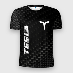 Мужская футболка 3D Slim с принтом Tesla карбоновый фон в Кировске, 100% полиэстер с улучшенными характеристиками | приталенный силуэт, круглая горловина, широкие плечи, сужается к линии бедра | 