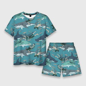 Мужской костюм с шортами 3D с принтом Ныряльщики и акулы   паттерн в Екатеринбурге,  |  | diver | fin | fish | mutual understanding | ocean | pattern | shark | акула | взаимопонимание | ныряльщик | океан | паттерн | плавник | природа | рыба