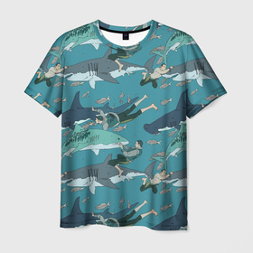 Мужская футболка 3D с принтом Ныряльщики и акулы   паттерн в Новосибирске, 100% полиэфир | прямой крой, круглый вырез горловины, длина до линии бедер | diver | fin | fish | mutual understanding | ocean | pattern | shark | акула | взаимопонимание | ныряльщик | океан | паттерн | плавник | природа | рыба
