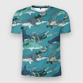 Мужская футболка 3D Slim с принтом Ныряльщики и акулы   паттерн в Санкт-Петербурге, 100% полиэстер с улучшенными характеристиками | приталенный силуэт, круглая горловина, широкие плечи, сужается к линии бедра | diver | fin | fish | mutual understanding | ocean | pattern | shark | акула | взаимопонимание | ныряльщик | океан | паттерн | плавник | природа | рыба
