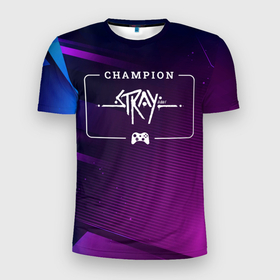 Мужская футболка 3D Slim с принтом Stray Gaming Champion: рамка с лого и джойстиком на неоновом фоне в Екатеринбурге, 100% полиэстер с улучшенными характеристиками | приталенный силуэт, круглая горловина, широкие плечи, сужается к линии бедра | 