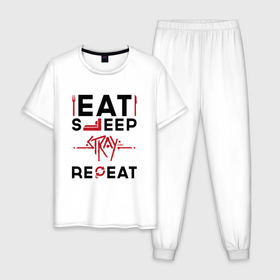 Мужская пижама хлопок с принтом Надпись: Eat Sleep Stray Repeat в Новосибирске, 100% хлопок | брюки и футболка прямого кроя, без карманов, на брюках мягкая резинка на поясе и по низу штанин
 | 