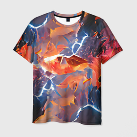Мужская футболка 3D с принтом Fire thunder в Белгороде, 100% полиэфир | прямой крой, круглый вырез горловины, длина до линии бедер | abstraction | art | blue | bright | fire | lightnings | multicoloured | red | thunder | абстракция | арт | буря | гром | красный | молния | огонь | пламя | разноцветный | синий | стихия | яркий
