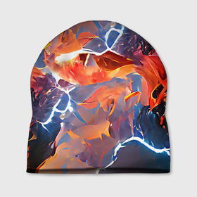 Шапка 3D с принтом Fire thunder в Курске, 100% полиэстер | универсальный размер, печать по всей поверхности изделия | abstraction | art | blue | bright | fire | lightnings | multicoloured | red | thunder | абстракция | арт | буря | гром | красный | молния | огонь | пламя | разноцветный | синий | стихия | яркий