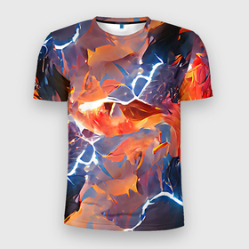 Мужская футболка 3D Slim с принтом Fire thunder в Новосибирске, 100% полиэстер с улучшенными характеристиками | приталенный силуэт, круглая горловина, широкие плечи, сужается к линии бедра | abstraction | art | blue | bright | fire | lightnings | multicoloured | red | thunder | абстракция | арт | буря | гром | красный | молния | огонь | пламя | разноцветный | синий | стихия | яркий