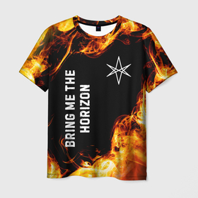 Мужская футболка 3D с принтом Bring Me the Horizon и пылающий огонь , 100% полиэфир | прямой крой, круглый вырез горловины, длина до линии бедер | 