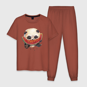 Мужская пижама хлопок с принтом Маленький панда ест арбуз в Екатеринбурге, 100% хлопок | брюки и футболка прямого кроя, без карманов, на брюках мягкая резинка на поясе и по низу штанин
 | bear | ears | eye | muzzle | panda | paws | watermelon | арбуз | глаз | лапы | медведь | панда | уши