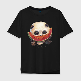 Мужская футболка хлопок Oversize с принтом Маленький панда ест арбуз в Екатеринбурге, 100% хлопок | свободный крой, круглый ворот, “спинка” длиннее передней части | bear | ears | eye | muzzle | panda | paws | watermelon | арбуз | глаз | лапы | медведь | панда | уши