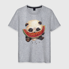 Мужская футболка хлопок с принтом Маленький панда ест арбуз в Тюмени, 100% хлопок | прямой крой, круглый вырез горловины, длина до линии бедер, слегка спущенное плечо. | bear | ears | eye | muzzle | panda | paws | watermelon | арбуз | глаз | лапы | медведь | панда | уши
