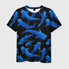 Мужская футболка 3D с принтом Стая акул   паттерн в Санкт-Петербурге, 100% полиэфир | прямой крой, круглый вырез горловины, длина до линии бедер | fin | ocean | pack | pattern | shark | tail | акула | океан | паттерн | плавник | стая | хвост