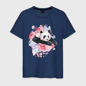 Мужская футболка хлопок с принтом Панда среди летних цветов в Новосибирске, 100% хлопок | прямой крой, круглый вырез горловины, длина до линии бедер, слегка спущенное плечо. | ears | eyes | flowers | muzzle | nose | panda | paws | summer | глаза | лапы | лето | нос | панда | уши | цветы