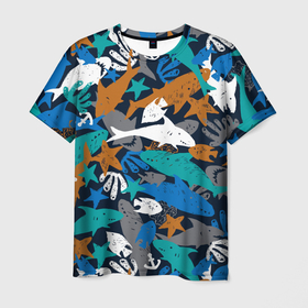 Мужская футболка 3D с принтом Акула и другие обитатели океана в Белгороде, 100% полиэфир | прямой крой, круглый вырез горловины, длина до линии бедер | anchor | coral | fish | ocean | pattern | sea | shark | starfish | акула | коралл | море | морская звезда | океан | паттерн | рыба | якорь