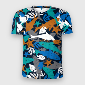 Мужская футболка 3D Slim с принтом Акула и другие обитатели океана в Белгороде, 100% полиэстер с улучшенными характеристиками | приталенный силуэт, круглая горловина, широкие плечи, сужается к линии бедра | anchor | coral | fish | ocean | pattern | sea | shark | starfish | акула | коралл | море | морская звезда | океан | паттерн | рыба | якорь