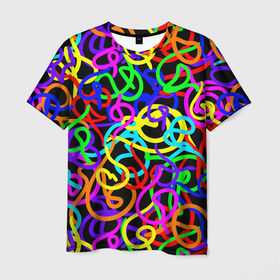 Мужская футболка 3D с принтом Неоновый беспорядок в Белгороде, 100% полиэфир | прямой крой, круглый вырез горловины, длина до линии бедер | gradient | neon | neon stripes | pop | rainbow | stripes | texture | абстрактный рисунок | абстракция | градиент | граффити | каракули | красочный узор | линии | неоновый принт | орнамент | полосы | поп | радужный